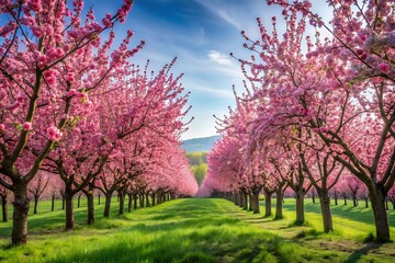 Obraz premium Row of pink cherry trees with green leaves