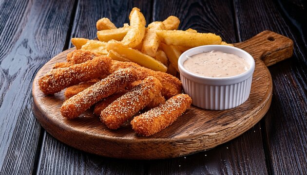 aromatic sesame crusted fried potato sticks served with dipping sauce and side of french fries on rustic wooden board