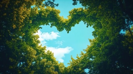 A heart-shaped frame made of trees- with the sky visible through them.