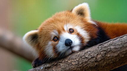 Close-up of a red panda resting on a tree branch in a lush green forest setting