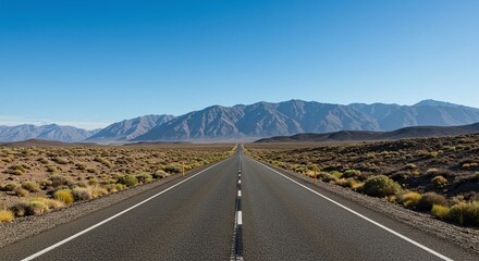 Long Open Road Leading Towards Mountain Range Under Clear Blue Sky