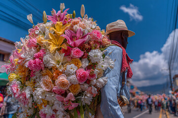 Traditional Silletero man in Medellín carrying a massive floral arrangement on his back during La Feria de las Flores. 