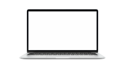 A modern, sleek silver laptop with thin black bezel and blank transparent screen, isolated on a plain transparent background with no shadows, concept of product showcase