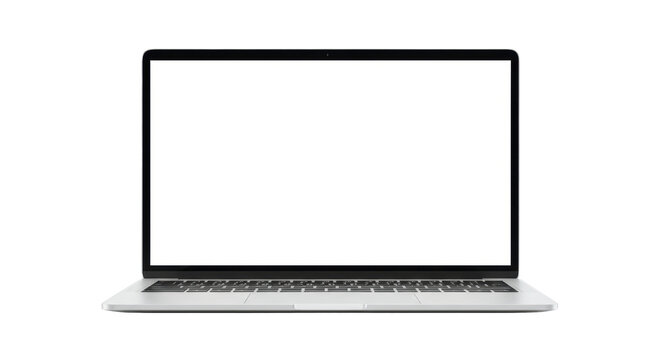 A modern, sleek silver laptop with thin black bezel and blank transparent screen, isolated on a plain transparent background with no shadows, concept of product showcase