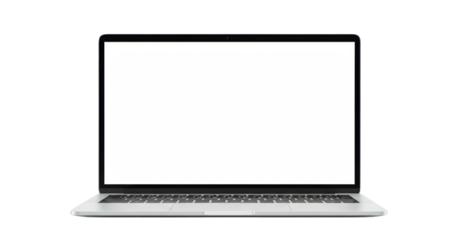 A modern, sleek silver laptop with thin black bezel and blank transparent screen, isolated on a plain transparent background with no shadows, concept of product showcase