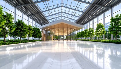Modern, bright lobby with glass walls, greenery, and a light-wood roof