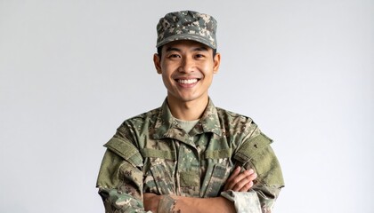 Smiling soldier in camouflage uniform