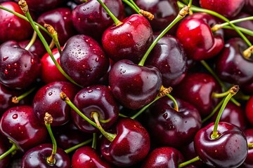 Bunch of red cherries with green stems