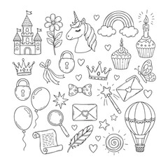 Obraz premium Enchanting fairytale vector illustration featuring a unicorn, castle, and rainbow, perfect for magical designs.