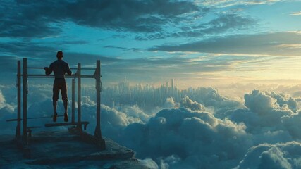 Man Doing Pull-Ups Above the Clouds, Futuristic Cityscape - Powered by Adobe