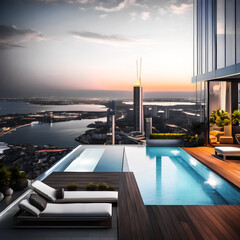A terrace on a skyscraper with a swimming pool offering a beautiful view of the surrounding city by the sea