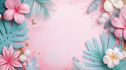 Pastel floral border on pink background