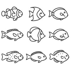 Reef Fish Icons. Line style icons of Reef Fish Species: clownfish, angelfish, surgeonfish, parrotfish, butterflyfish, tang,