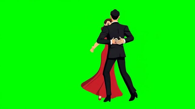 Couple, man in tuxedo and woman in evening red dress, dancing ballroom dance, cartoon style, isolated green screen, chromakey, footage, mockup, loop - Powered by Adobe