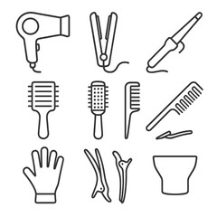 Hair Styling Icons. Line style icons of Hair Styling Tools: hair dryer, flat iron, curling wand, vent brush, round brush, styling