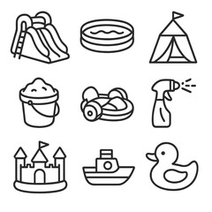Kids' Play Zone Icons. Line style icons of Kid’s Play Zone: inflatable slide, kiddie pool, play tent, sandbox pail, paddle boat,
