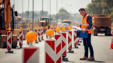 Construction supervisor wearing high visibility vest reviews blueprints near delineators on road construction site, ensuring project progresses smoothly and safely - Powered by Adobe