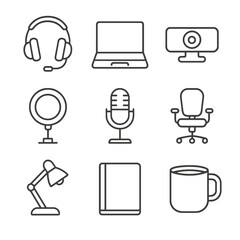 Remote Work Essentials Icons. Line style icons of Remote Work Essentials: noise-cancelling headset, laptop, webcam, ring light,