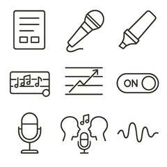 Fototapeta premium Karaoke Icon Set. Line style icons of Lyrics & Karaoke: lyrics page icon, karaoke mic, highlight word marker, scroll lyrics bar,