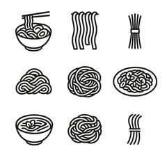 Asian Noodles Icons. Line style icons of Asian Noodles silhouette: ramen bowl, udon strands, soba bundle, rice vermicelli, lo mein