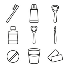Oral Hygiene Icons. Line style icons of Oral Hygiene Set: toothbrush, toothpaste tube, floss pick, mouthwash bottle, tongue