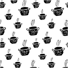 Seamless pattern of cooking pots with steam for backgrounds and designs