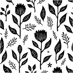 Elegant botanical pattern featuring floral and foliage illustrations in black and white