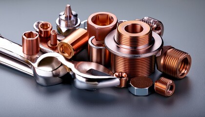 close up of diverse chrome plated and copper mechanical components with a wrench on a grey surface