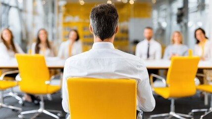 A man in a white shirt sits facing a panel of six people during a formal interview or meeting in a modern office with vibrant yellow chairs.