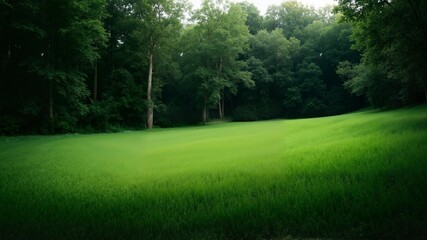 Obraz premium A field of green grass surrounded by trees