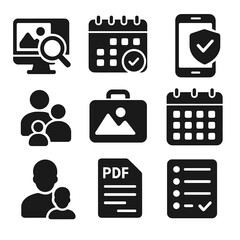 Tour Booking Icons. Solid style icons of tour booking process: tour search, date selection, booking confirmation, availability