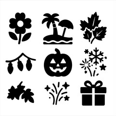 Seasonal Icon Collection. Solid style icons of seasonal themes: spring flower theme, summer beach theme, autumn leaves, winter