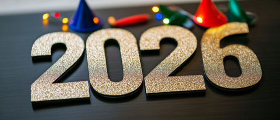 Glittering numbers 2026 with party hats and colorful lights, symbolizing a festive New Year celebration