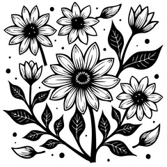 Elegant floral illustration featuring black and white flower and leaf outlines