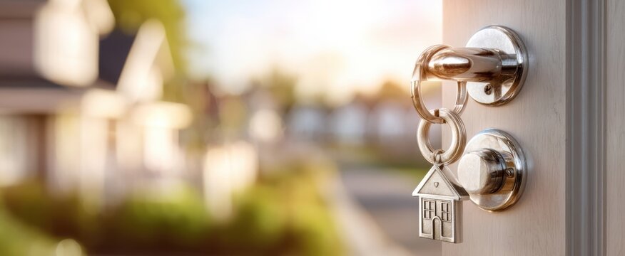 The key hanging from the door lock symbolizing homeownership and new beginnings.
