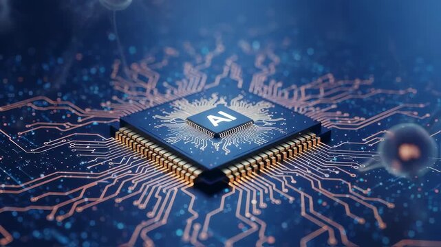 Artificial intelligence chip with ai logo is receiving data from a futuristic neural network of connected cells in a dark blue environment with orange circuits