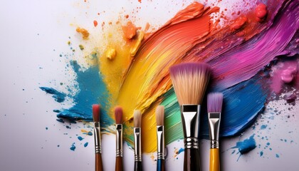 Obraz premium paint brushes and colorful splashes flatlay