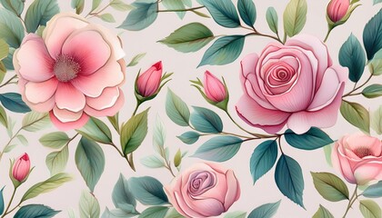 delicate watercolor rosebuds leaves repeating pattern print buds elegant