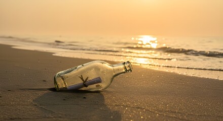 Obraz premium Glass bottle with a message washed ashore, resting on wet sand, early morning light, concept of mystery, hope, and discovery.