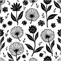 Elegant Black and White Floral Pattern Design for Textile and Background Applications