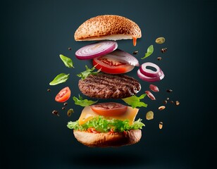 deconstructed burger delight a visually stunning display of burger components suspended in mid air a symphony of flavors and textures featuring a juicy patty fresh toppings