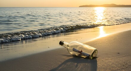 Obraz premium Glass bottle with a message washed ashore, resting on wet sand, early morning light, concept of mystery, hope, and discovery.