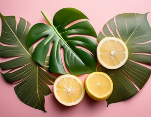botanical bliss vibrant monstera leaves and sliced lemons arranged on a soft pink backdrop a refreshing composition bursting with natural beauty