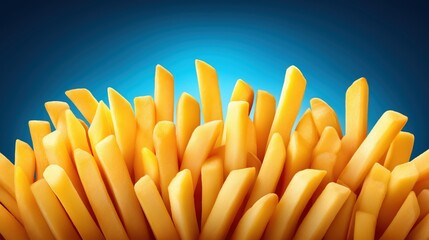 Close-up view of golden yellow french fries with a vibrant blue background, showing texture and freshness