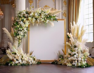 wedding blank signage with gold details luxury floral decoration in bright room