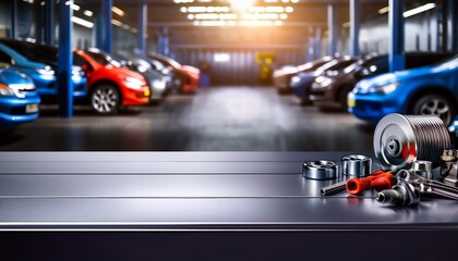 a metal blank tabletop with blurred automotive tools and parts in the background suitable for promoting automotive products