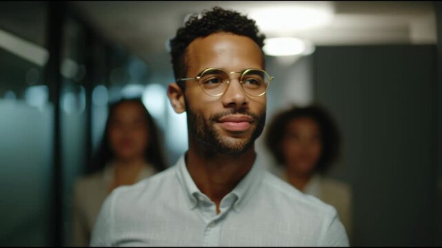 Poised Leadership: A confident, well-groomed individual, emanating a sense of leadership, walks through a modern space with colleagues in the background, personifying success, vision.