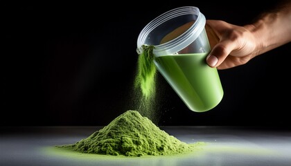 hand pouring vibrant green protein powder from a measuring cup onto a dark surface