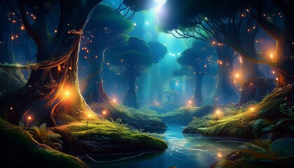 mystical forest a captivating view of the ethereal forest a realm of wonder with dancing lights weaving their way through the towering trees creating a surreal atmosphere