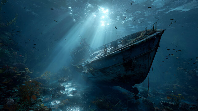 Sunken shipwreck resting on the ocean floor, surrounded by marine life and mysterious deep-sea atmosphere, evoking adventure, exploration, and underwater history.